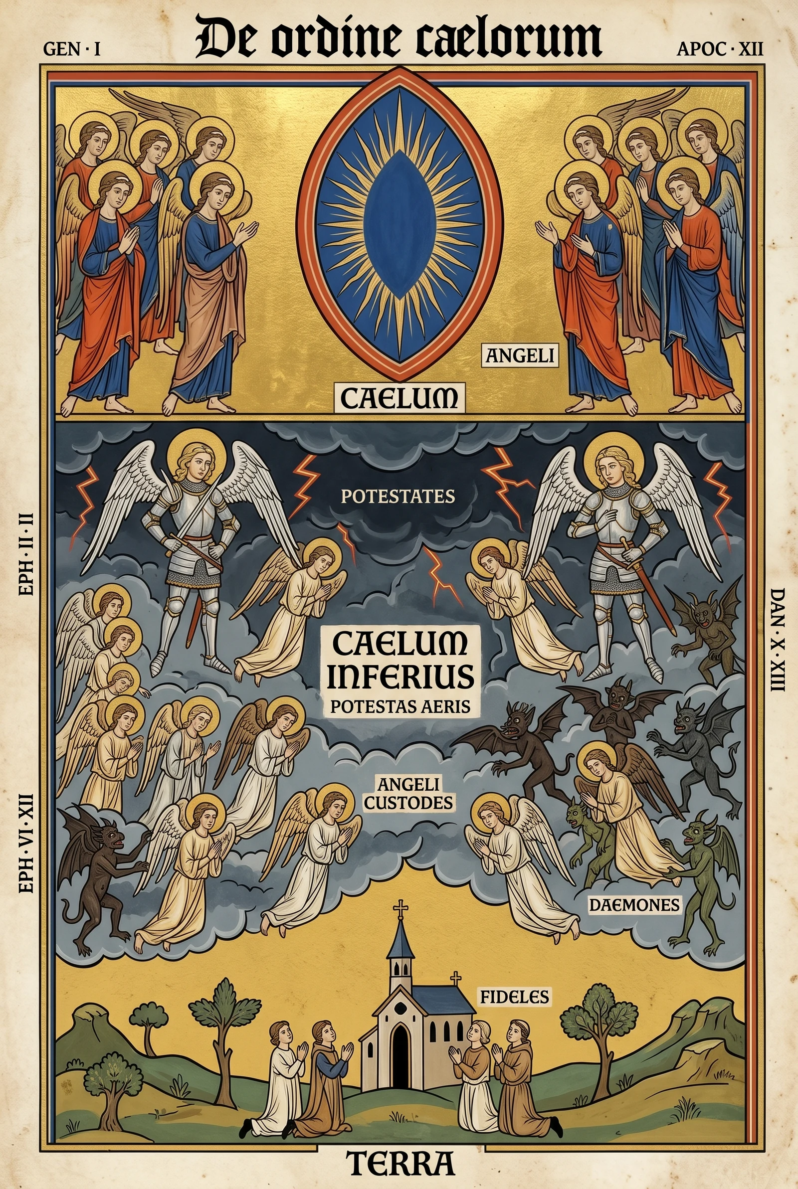 The cosmological plate: CAELUM above, the contested CAELUM INFERIUS between, TERRA below — drawn as a 13th-century teaching diagram, labelled in Latin, with scripture along the edges.
