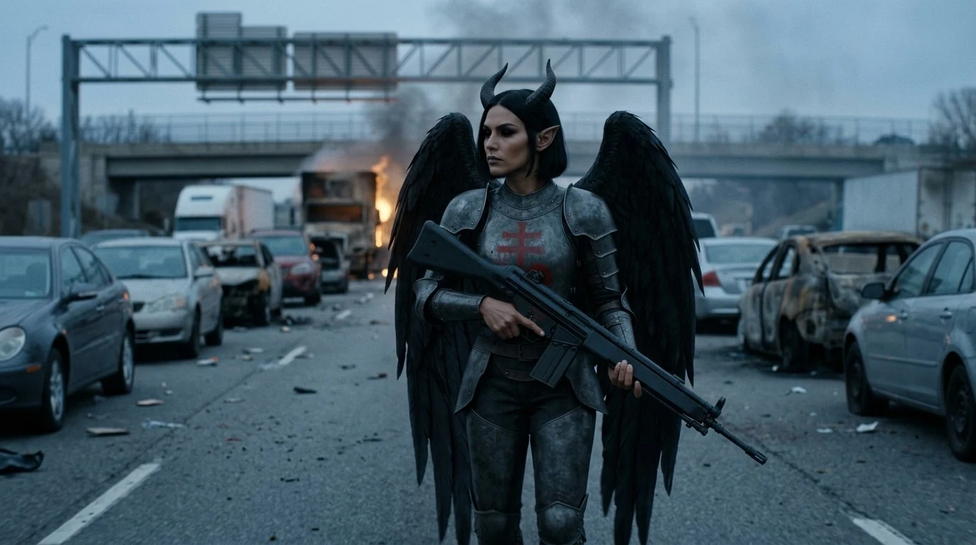 Atrocitas walking up a stalled highway among jammed and burnt-out cars, a truck burning behind her under an overpass. The G3 is held at low ready. Blunt jaw-length black hair, horns, black wings, the blood-red Leviathan Cross on her breastplate.
