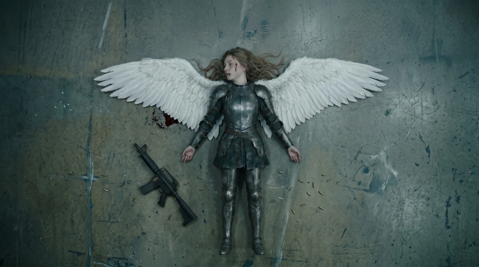 Caritas dead, seen from directly above on a concrete floor, arms out and wings spread. No halo. Blood at her mouth and pooled under one wing. The Lancea Sancta lies beside her with the gold Chi-Rho showing, spent casings scattered around.