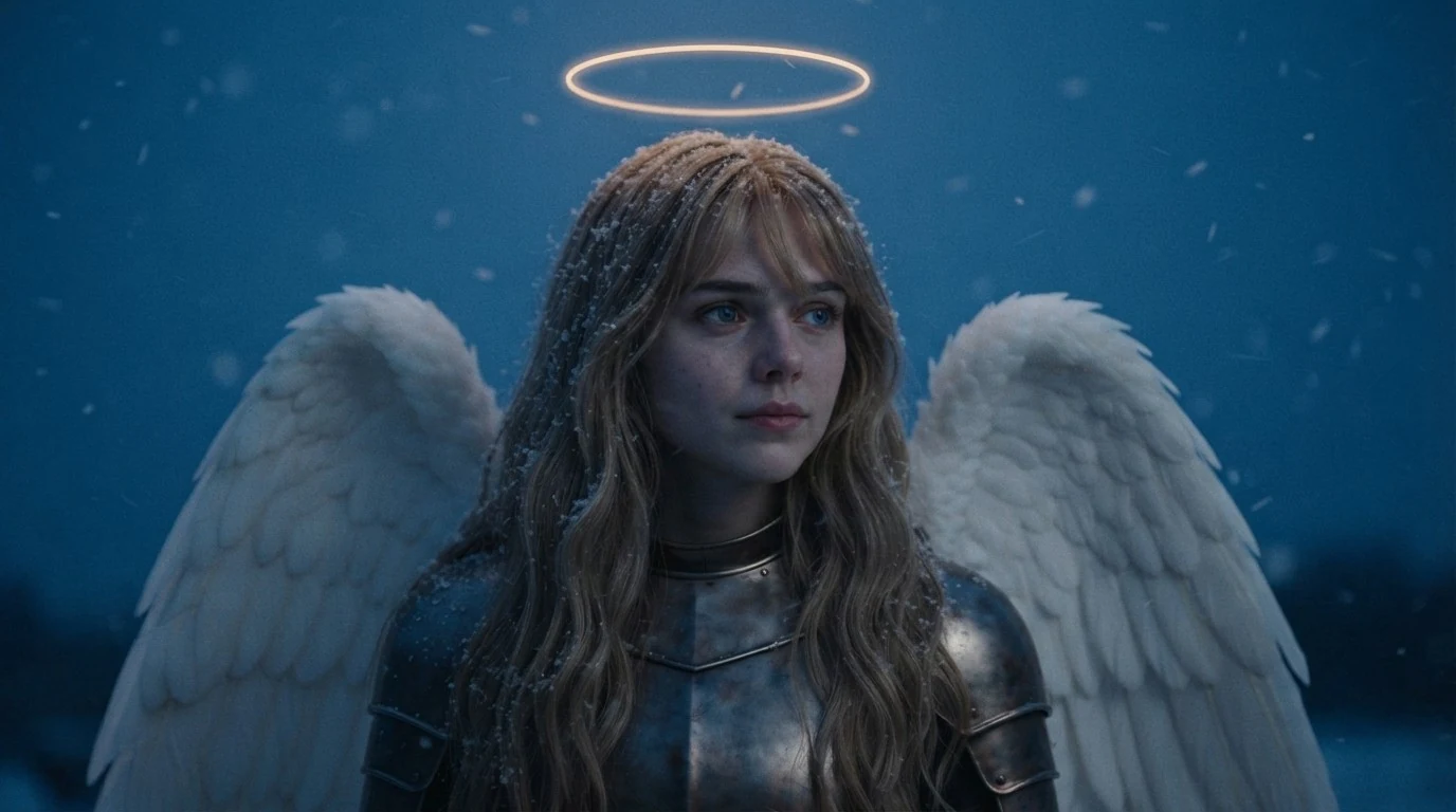 Clementia from the chest up at dusk in falling snow, flakes caught in her long, wavy dark-blonde hair, which has a centre-parted curtain fringe. Blue eyes, a faint closed-mouth expression, looking off past the camera. Plate armour, white wings behind her, her halo a ring of light.