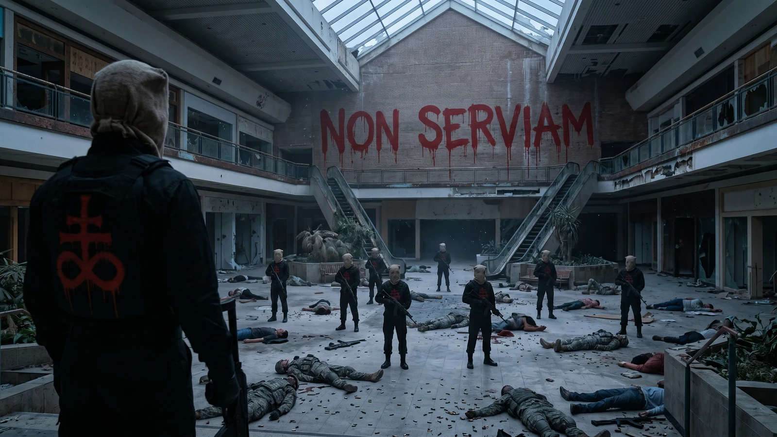 Cultists standing over dead soldiers and civilians in a mall atrium, beneath NON SERVIAM in dripping red. Burlap hoods, black tactical kit, AK-pattern rifles, the Leviathan Cross sprayed on each plate carrier.