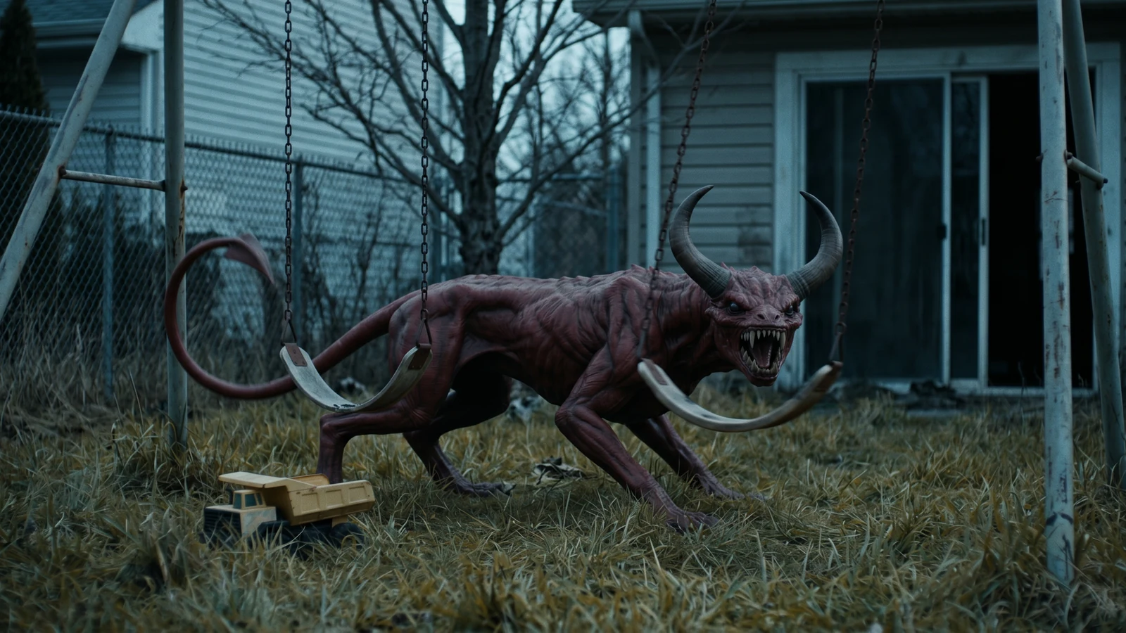A Daemon Minor in a suburban backyard — quadrupedal, roughly knee-height, dark crimson, wide flat reptilian head with swept-back horns, thin spade-tipped tail, low crouch. A swing set and a toy truck in the grass.