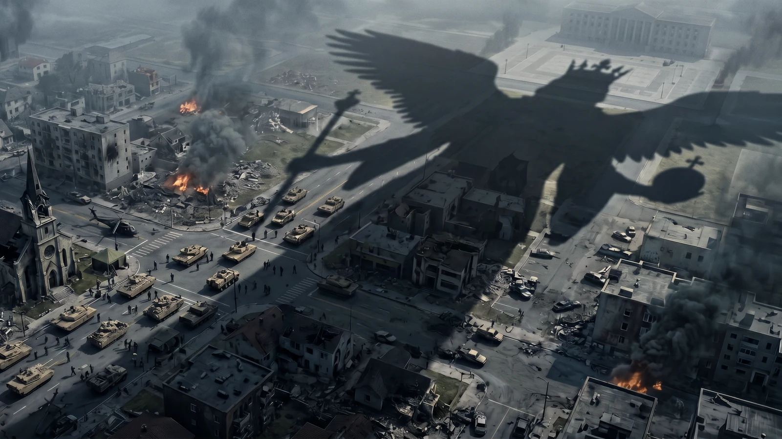 A Dominion's shadow falls across a contested city. Crown, sceptre, orb and spread wings are readable in silhouette. Armour and infantry are mustering in the streets below; the figure itself is never in frame.