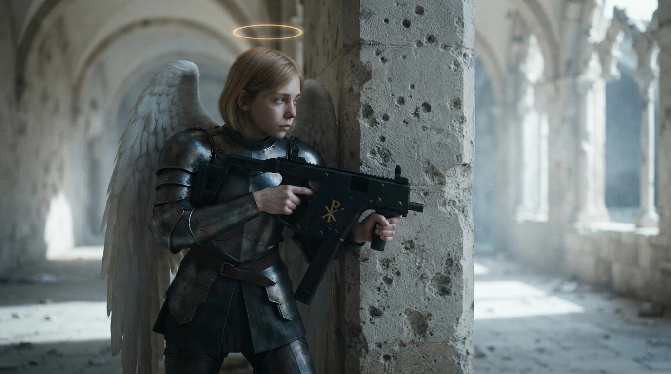 Fides with her back to a bullet-pocked stone pier in a sunlit cloister arcade, stacked at the corner and looking past it. She holds a Kriss Vector tucked high against her chest, a gold Chi-Rho on its polymer receiver. Short honey-blonde bob, plate armour, white wings, her halo a ring of light.