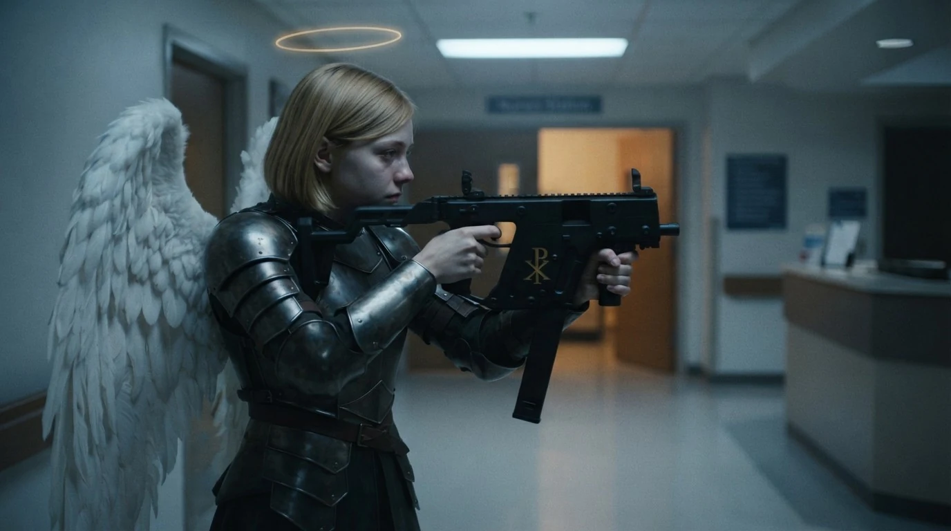 Fides in full side profile in a hospital corridor at night, shouldered behind a suppressed submachine gun and sighting along it. Her mouth is closed and her jaw set, but the inner ends of her brows are still lifted and her lower lids carry a faint sheen. She is holding on target.