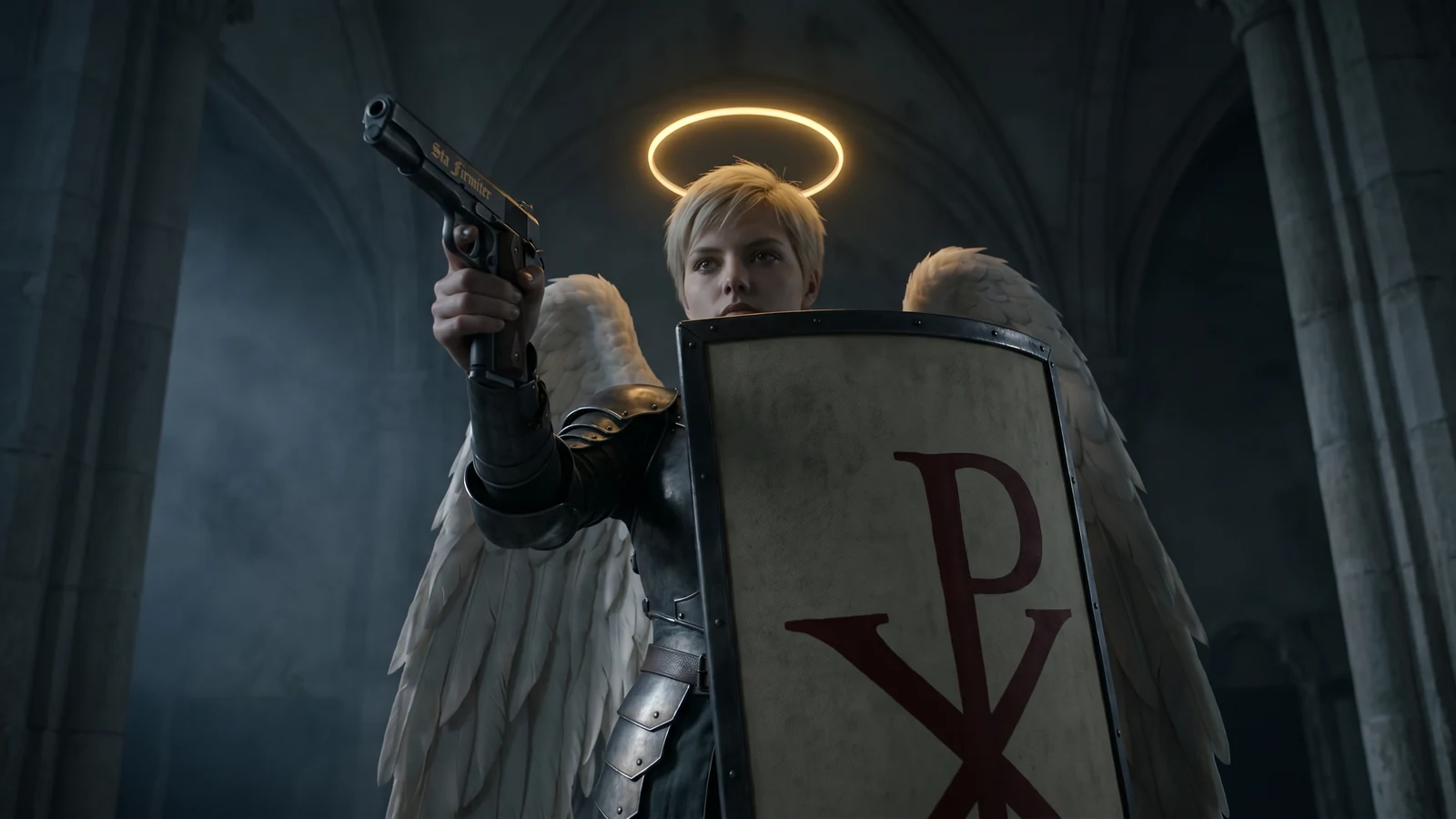 Fortitudo low-angle in a vaulted church, behind a tower shield carrying a large red Chi-Rho, pistol raised past it. Short blonde crop, halo above. The slide carries gold blackletter reading *Sta Firmiter*.