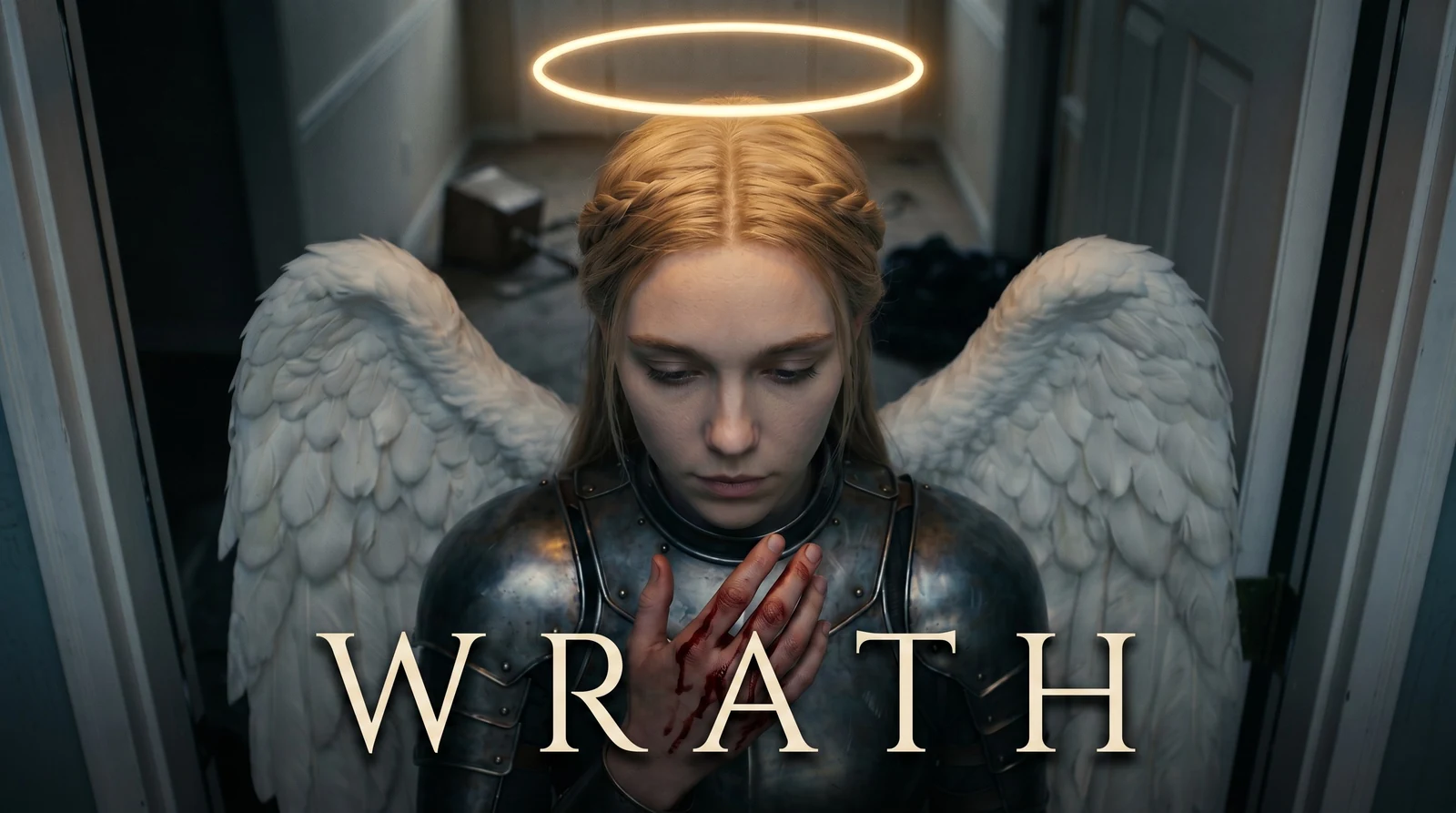 WRATH, in Roman capitals, over an armoured angel in a doorway — halo lit, white wings spread, head bowed, a bloodied hand pressed to her breastplate.