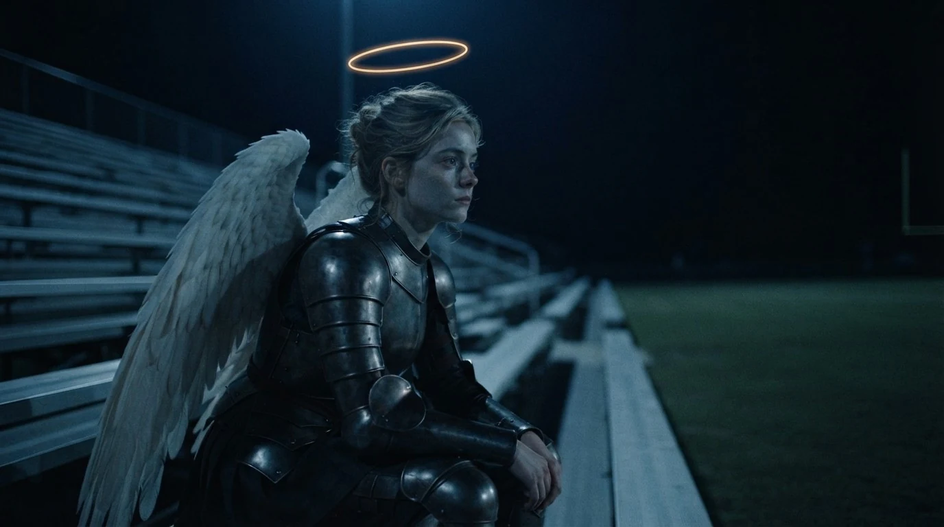 Humilitas alone on the empty bleachers of a football field at night, sitting forward with her forearms on her knees, looking out across the dark field toward a goalpost. Plate armour, a white wing folded behind her, her hair pinned up loosely, her halo a ring of light above her.