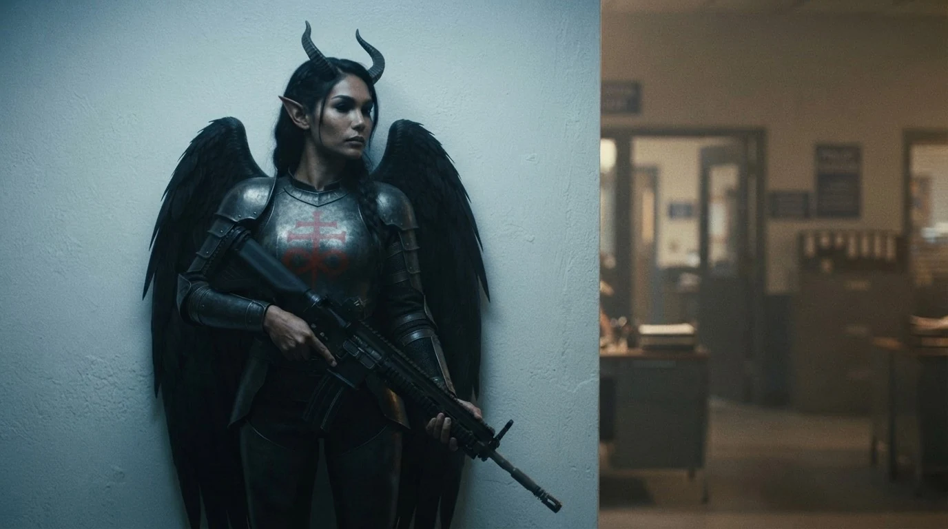 Impunitas in an American police station at night, her back flat against the wall, the HK416 angled down across her body with her hands far apart on it. She is looking off toward a corner where the room opens up; the only light in the frame spills around that corner, warm amber against the cold wall behind her.