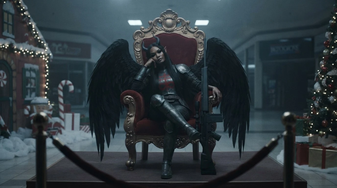 Indifferentia lounged back in a shopping-mall Santa throne, legs crossed, head tipped onto one hand, her PSG-1 standing upright on the seat beside her. Her black wings hang down over both arms of the chair. The Christmas display around her is intact and fully set up; the mall beyond is dark.