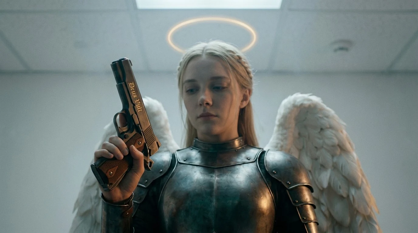 Iustitia from a low angle under a white office ceiling, holding her 1911 up in one hand and turned so the slide faces the camera, Deus Vult engraved along it in gold blackletter. Her eyes are down on the pistol. Long pale-blonde hair with a braid at the crown, plate armour, white wings, her halo a ring of light.