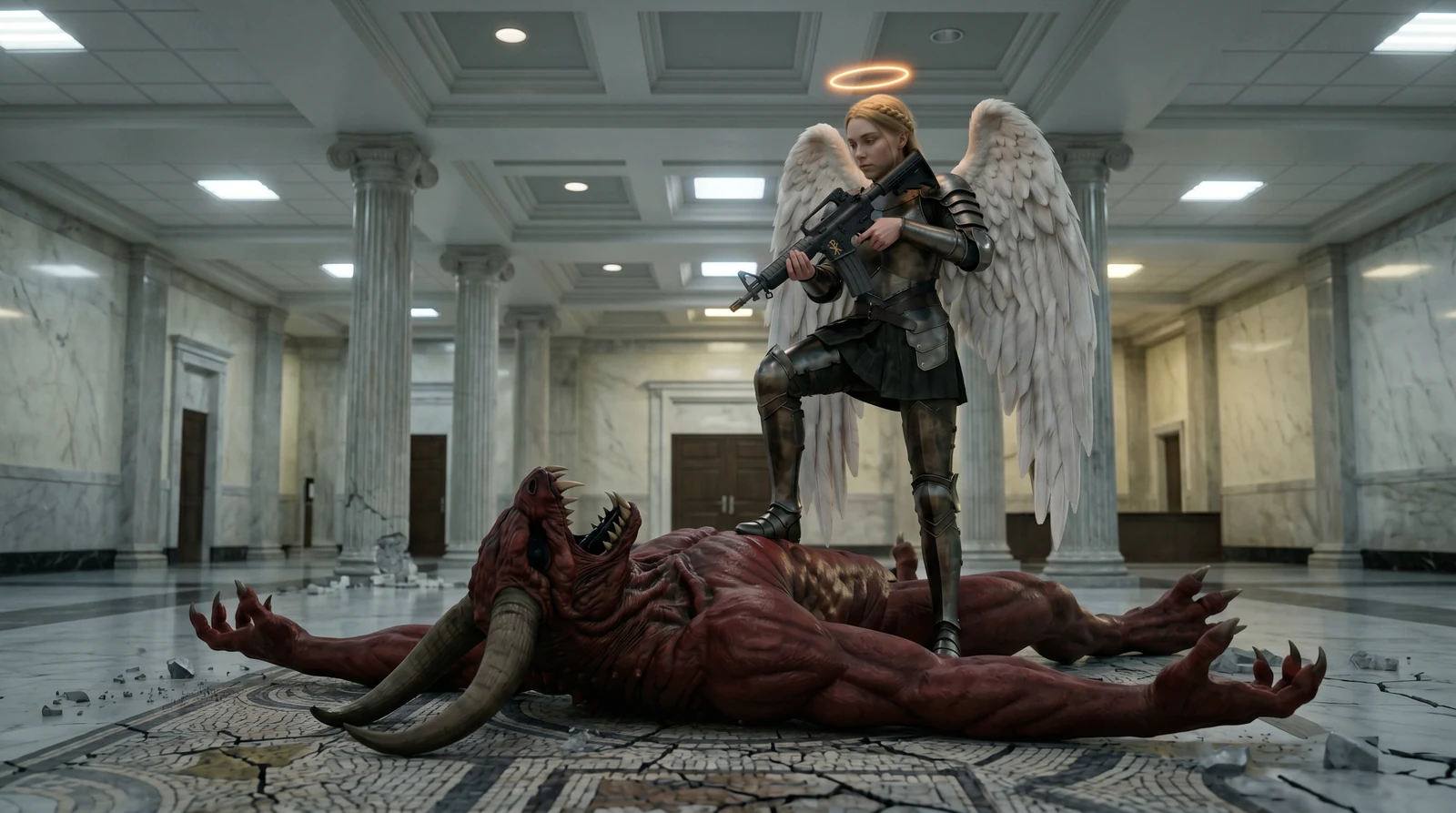 Iustitia stands on a felled Daemon Maior in a marble civic hall, the Lancea Sancta held across her with the Chi-Rho visible on the receiver. The floor beneath them is a cracked classical mosaic.