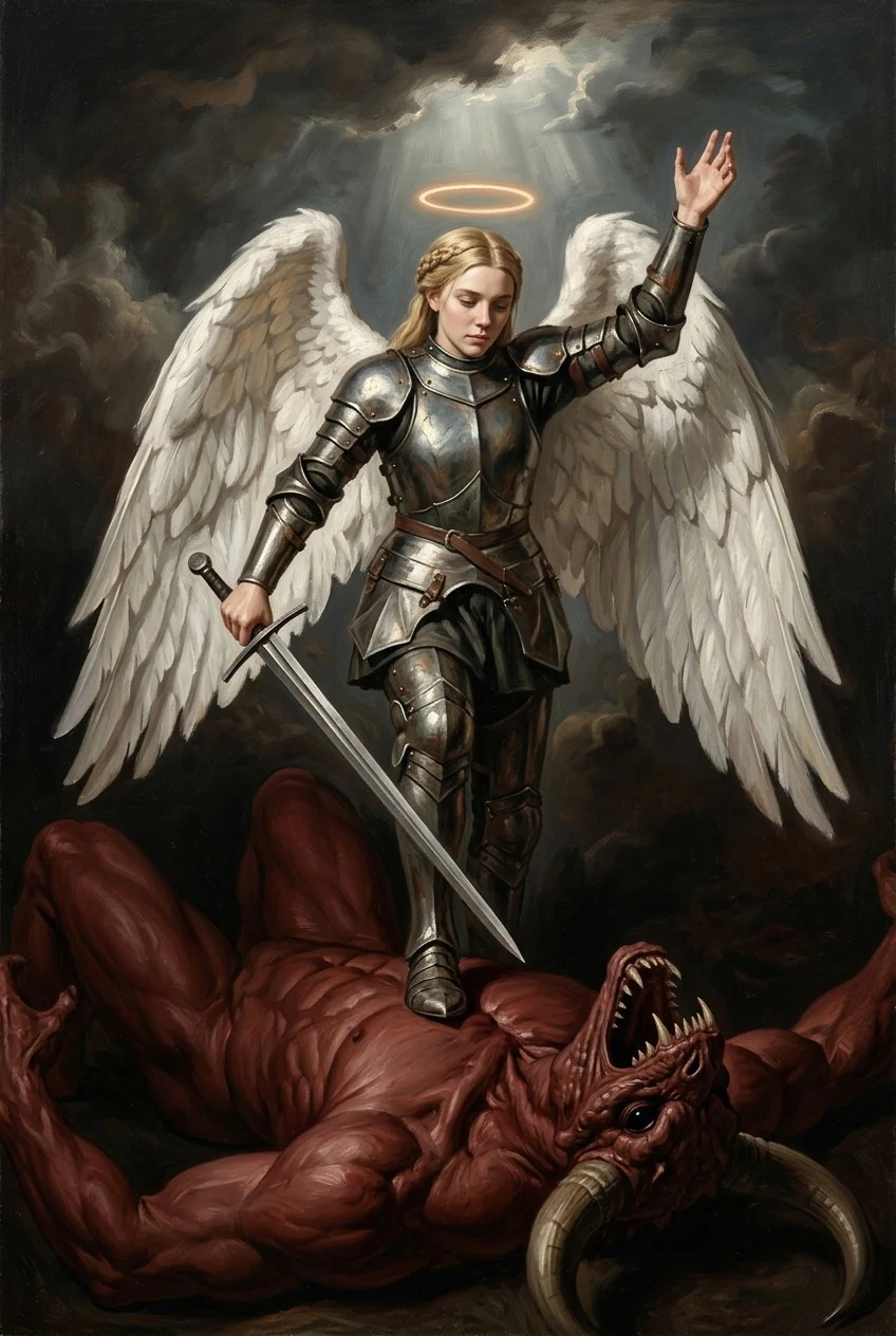 Iustitia stands on a greater demon's chest, her longsword point-down and levelled at its open jaws, her other hand raised. Plate armour, white wings spread, the halo rendered as a ring of light rather than a disc of metal. Storm sky behind, with a single break of light above her.
