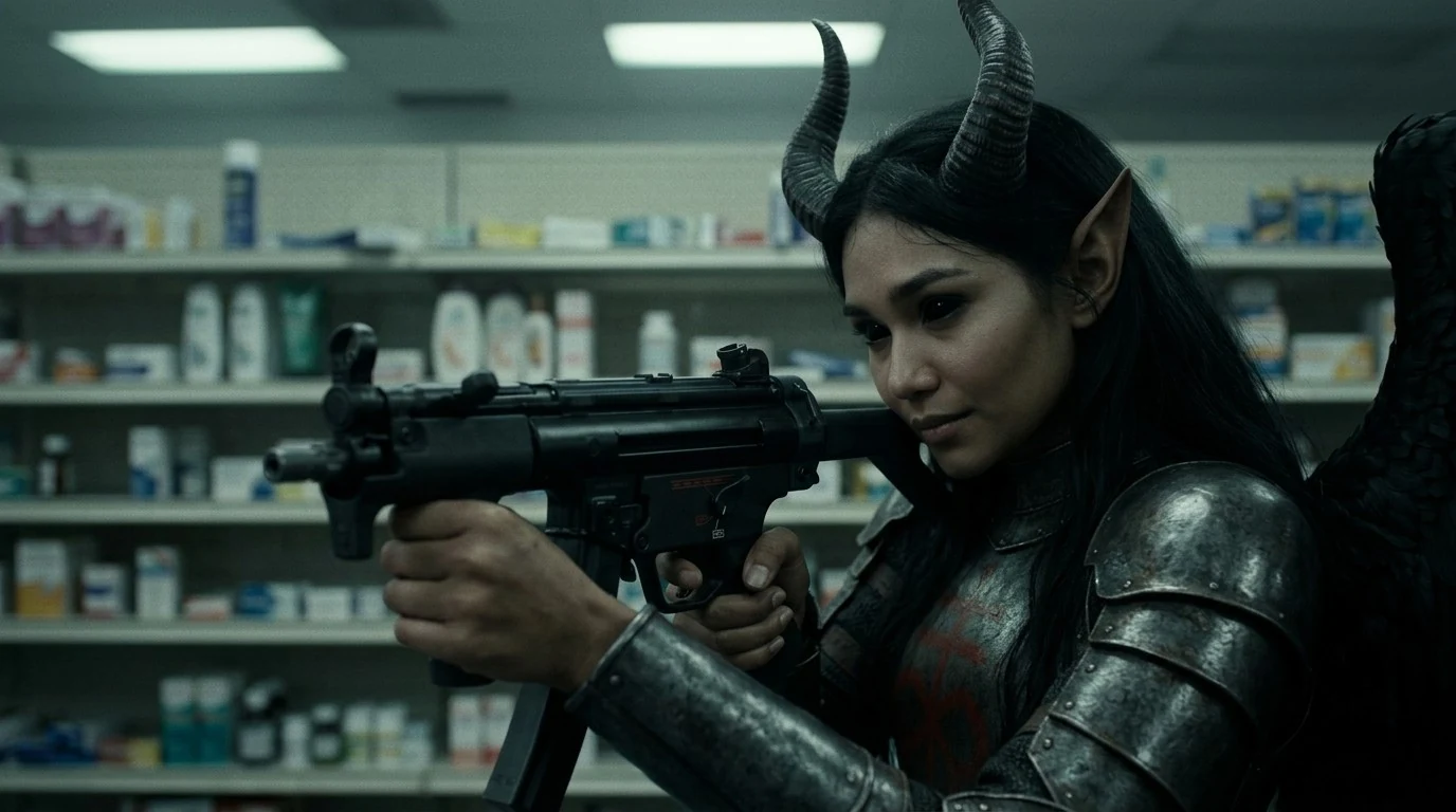 Malignitas shouldered behind an MP5K and on target, close. Her expression is mild and almost attentive — unchanged by what she is doing. Her eyes are solid black, edge to edge. Ransacked drugstore shelving behind her, thrown out of focus, under dim green-white emergency light.