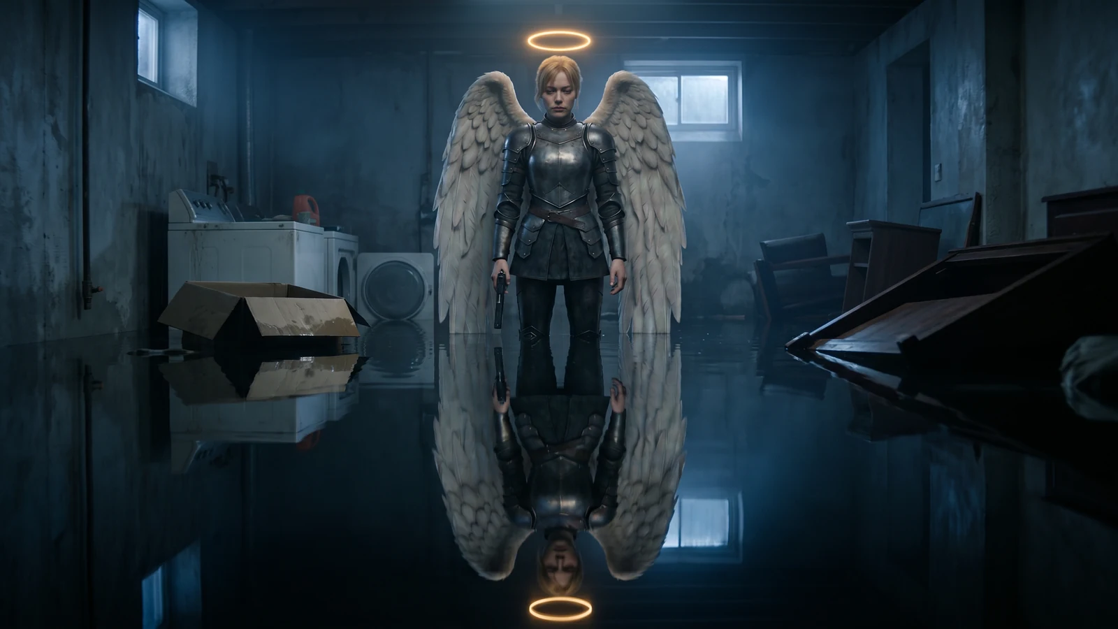 Misericordia in a flooded basement, sidearm lowered, wings furled, mirrored in the standing water. Domestic wreckage around her — a washer, a soaked cardboard box, overturned furniture.