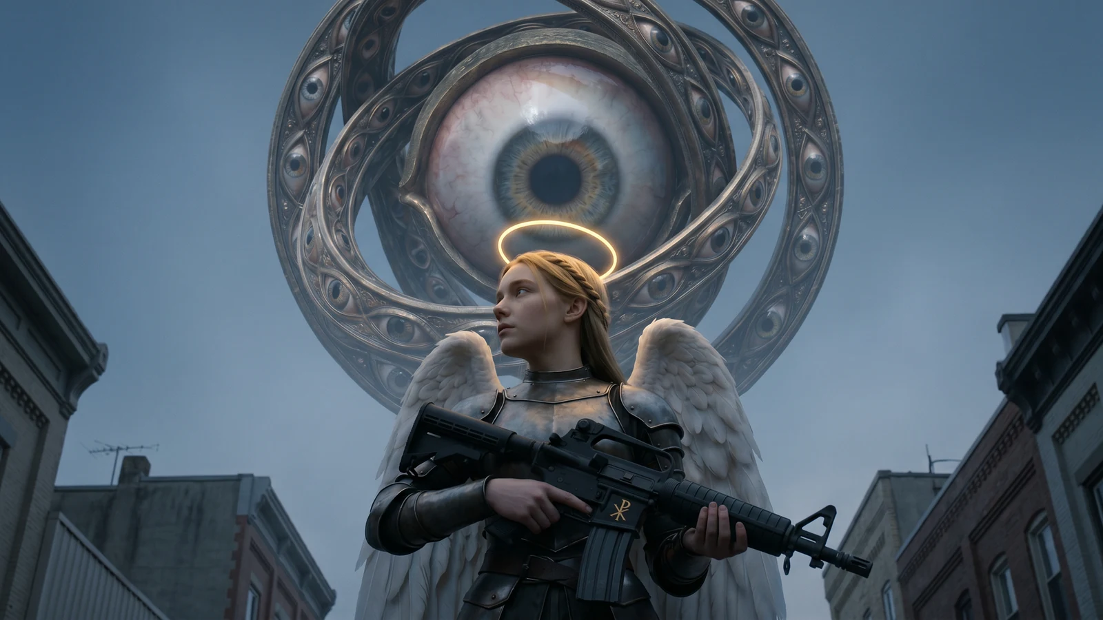 An Ophanim above a commercial street — concentric rings of eyes around a central eye, the rings ornamented rather than plain geometry. Iustitia stands below it carrying the Lancea Sancta, the Chi-Rho in gold on the receiver.