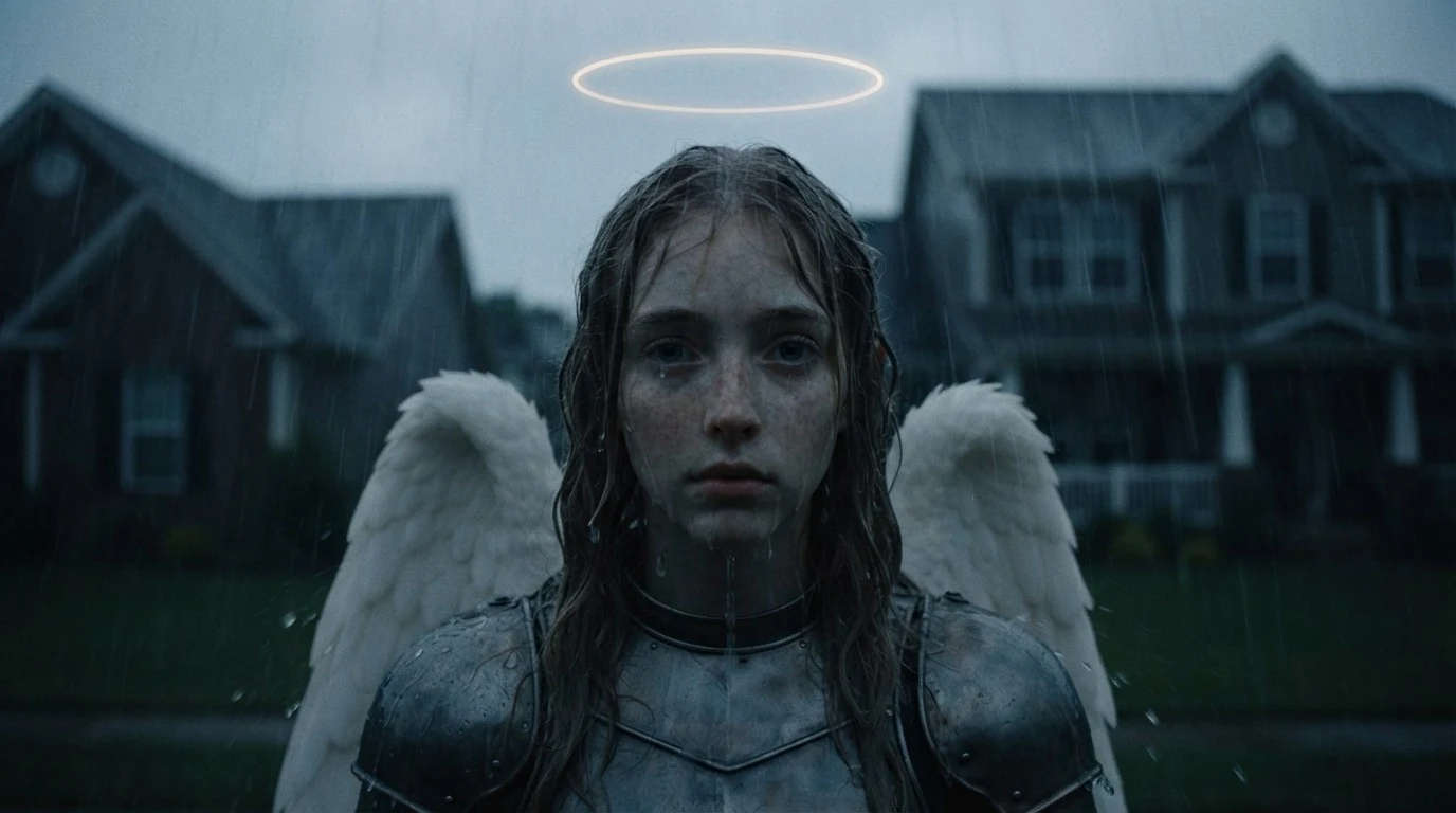 Patientia close and straight on in a night downpour, soaked hair plastered to her face, freckles, rain running down her face and breastplate. Her eyes are level with the lens and her mouth is closed. The tops of her white wings show behind her shoulders, her halo is a thin ring of light, and two suburban houses stand dark behind her.