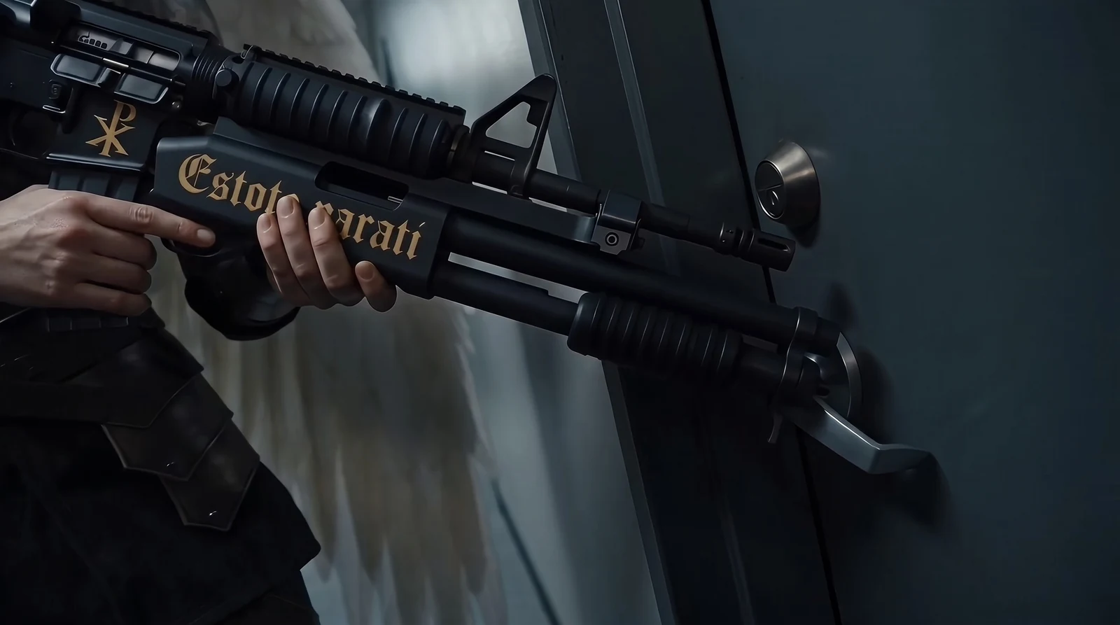 Close on Prudentia's carbine as she breaches a door, the muzzle of the underslung pump shotgun pressed against the lock below the handle. Estote parati runs along the shotgun's receiver in gold blackletter, partly behind her fingers; the gold Chi-Rho sits on the carbine's magazine well. Her hands, armour and one white wing are in frame, her face is not.