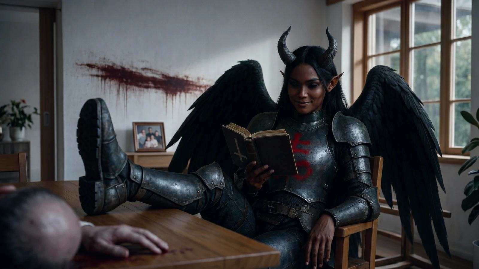Sacrilega in a family kitchen, boots up on the table, reading a Bible held upside down — the gold cross on the cover inverted. She is faintly smiling. A body lies across the near end of the table, a blood smear runs down the wall behind her, and a framed family photograph stands on the sideboard.