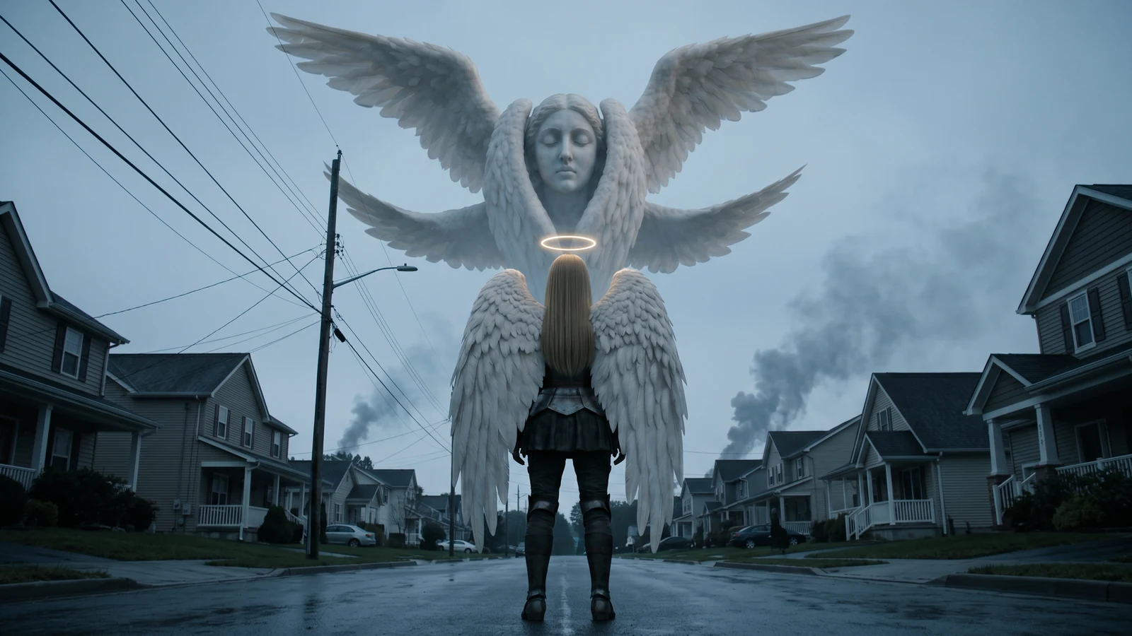 A Seraphim over a suburban street at dusk: marble face, eyes closed, wings in the one-plus-two configuration. A Power stands in the road beneath it, back to camera, at a fraction of its scale.