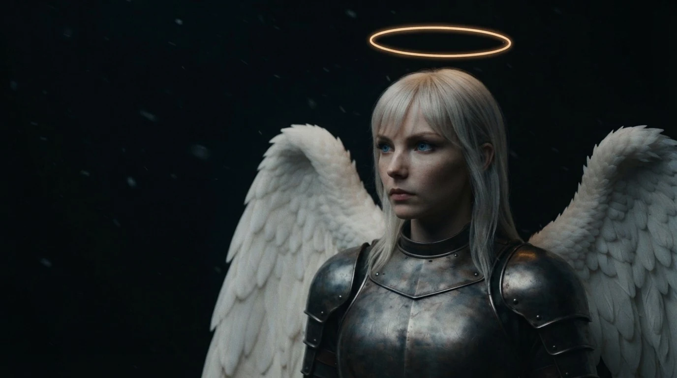 Severitas from the chest up against black, a few flakes of snow in the air. Pale platinum hair cut in a straight fringe, blue eyes looking off past the camera, mouth set. Plate armour, white wings raised behind her shoulders, her halo a ring of light.