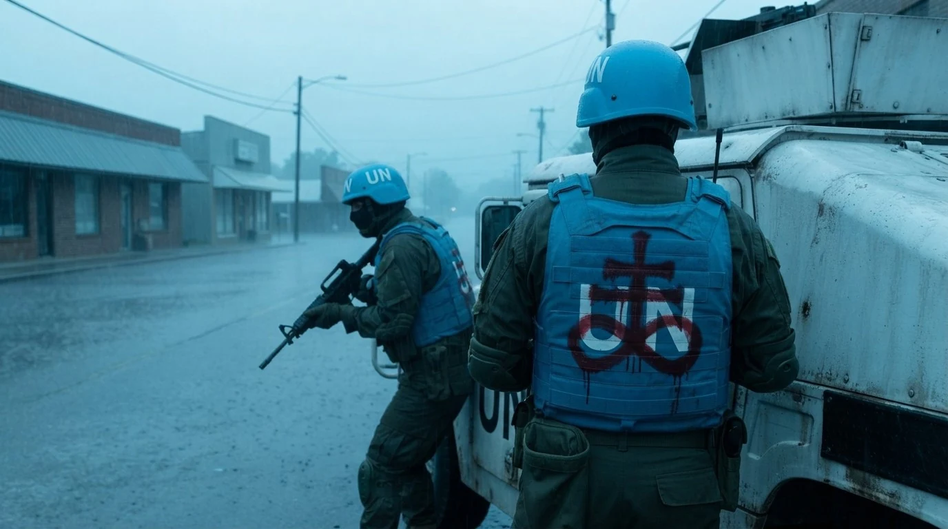 Two UN peacekeepers stacked tight along the flank of a white UN Humvee on a wet commercial street, the lead man leaning out past the front corner with his rifle at a low ready. Across the back of the rear man's plate carrier, over the white UN letters, a Leviathan Cross is smeared in blood — thick uneven hand-strokes with a few thin runs trailing down.