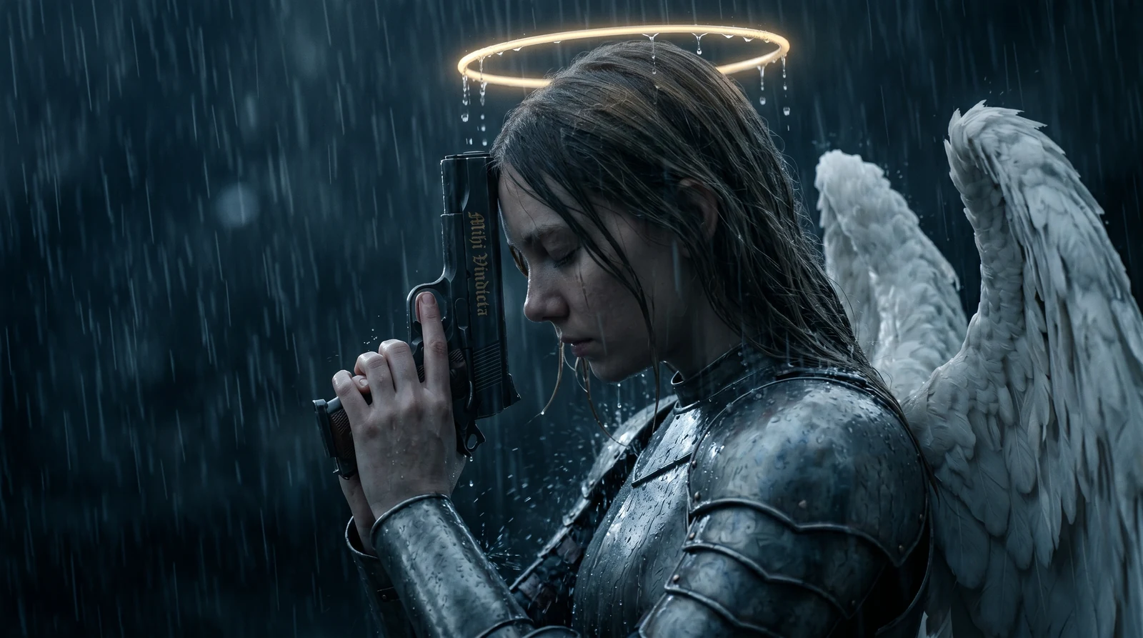 Vindicta in profile in heavy rain, eyes closed, head bowed against the 1911 she holds upright in both hands, the slide resting on her forehead. Mihi Vindicta runs along the slide in gold blackletter. Her halo is a ring of light with rain dripping from it; her hair is soaked flat, and one white wing rises behind her armoured shoulder.