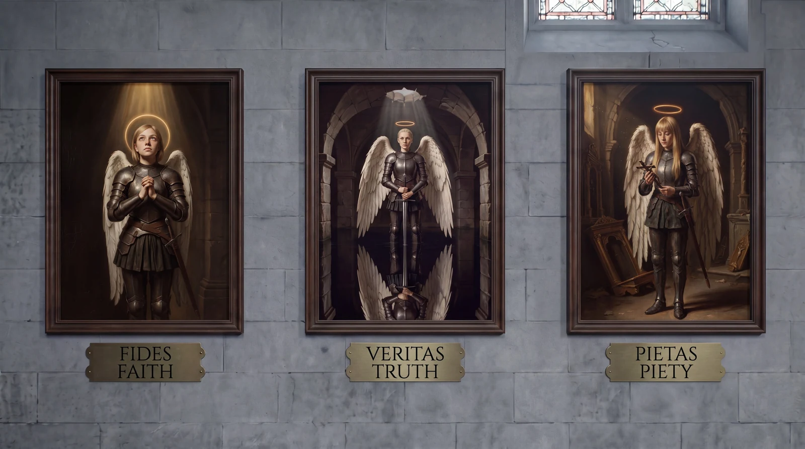 Three paintings on a grey stone wall, brass plaques beneath. Left, FIDES / FAITH: she stands at prayer in a dark chapel, hands clasped at her breast, eyes raised into a single shaft of light. Centre, VERITAS / TRUTH: she stands in a flooded vaulted crypt, sword point-down in both hands, her figure mirrored whole in the still water beneath her. Right, PIETAS / PIETY: she stands in a ruined chapel holding a crucifix in both hands, toppled gilt church furnishings around her.