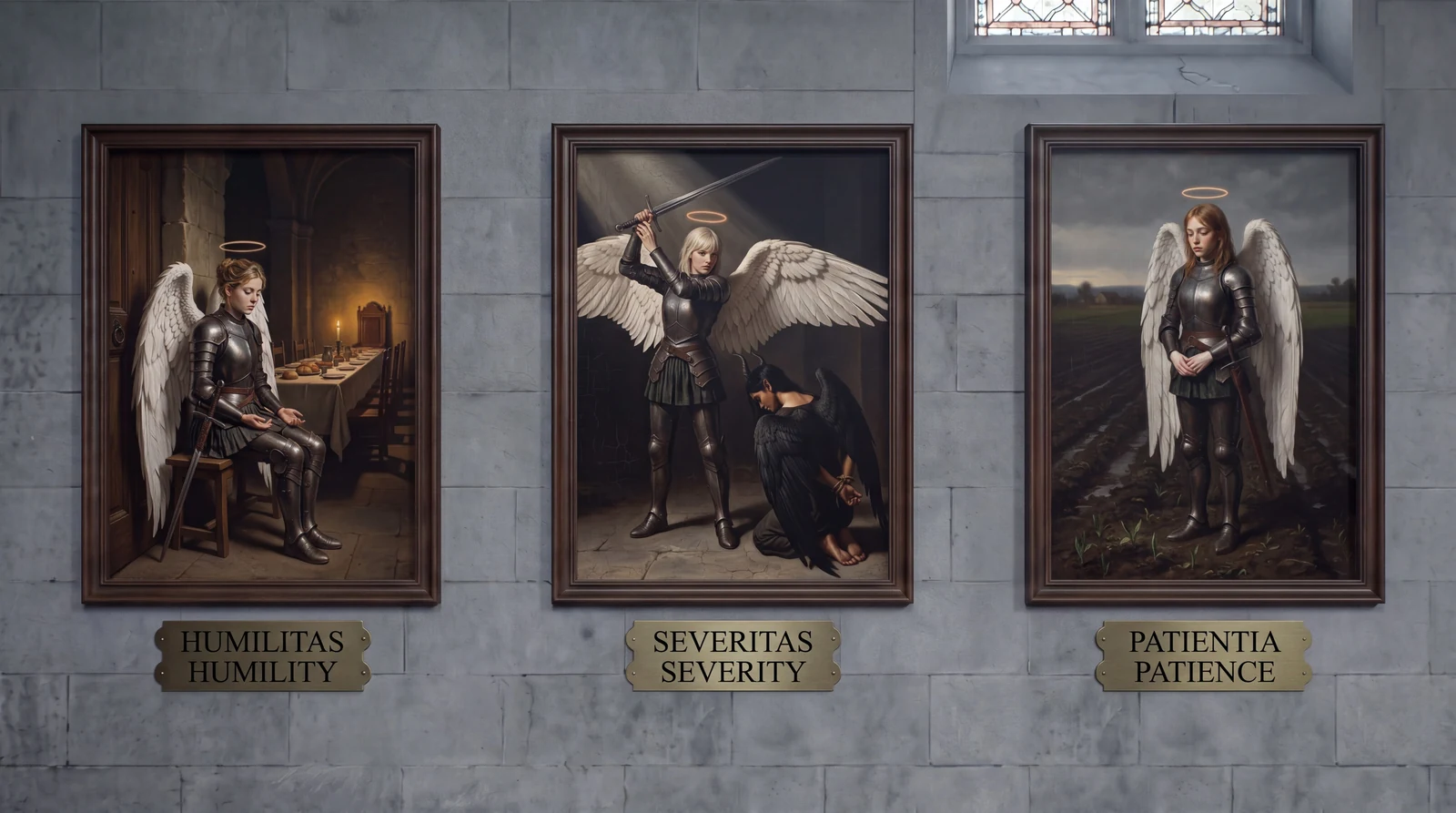 Three paintings on a grey stone wall, brass plaques beneath. Left, HUMILITAS / HUMILITY: she sits on a low bench at the foot of a long table laid for a feast, hands open in her lap, eyes lowered, a carved chair lit by candlelight at the far end. Centre, SEVERITAS / SEVERITY: she holds a longsword raised overhead in both hands, wings spread, above a black-winged, horned figure kneeling with her wrists tied behind her. Right, PATIENTIA / PATIENCE: she stands in a muddy furrowed field under a rainy sky, hands folded, head bowed toward the first green shoots, her sword sheathed.