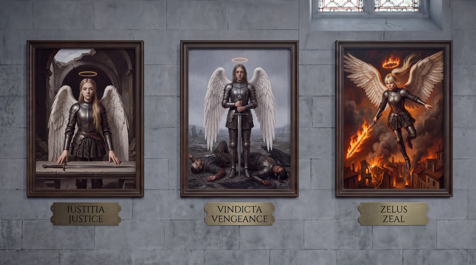 Three paintings in dark wood frames on a grey stone wall, a brass plaque under each. Left, IUSTITIA / JUSTICE: she stands behind a long stone bench in a ruined basilica, both bare hands flat on the stone, her sword lying on it. Centre, VINDICTA / VENGEANCE: she stands on a grey plain holding her sword point-down in both hands, two dead at her feet. Right, ZELUS / ZEAL: she is in the air above a burning city at night, her sword in flame, her halo a ring of fire where the other two carry rings of light.