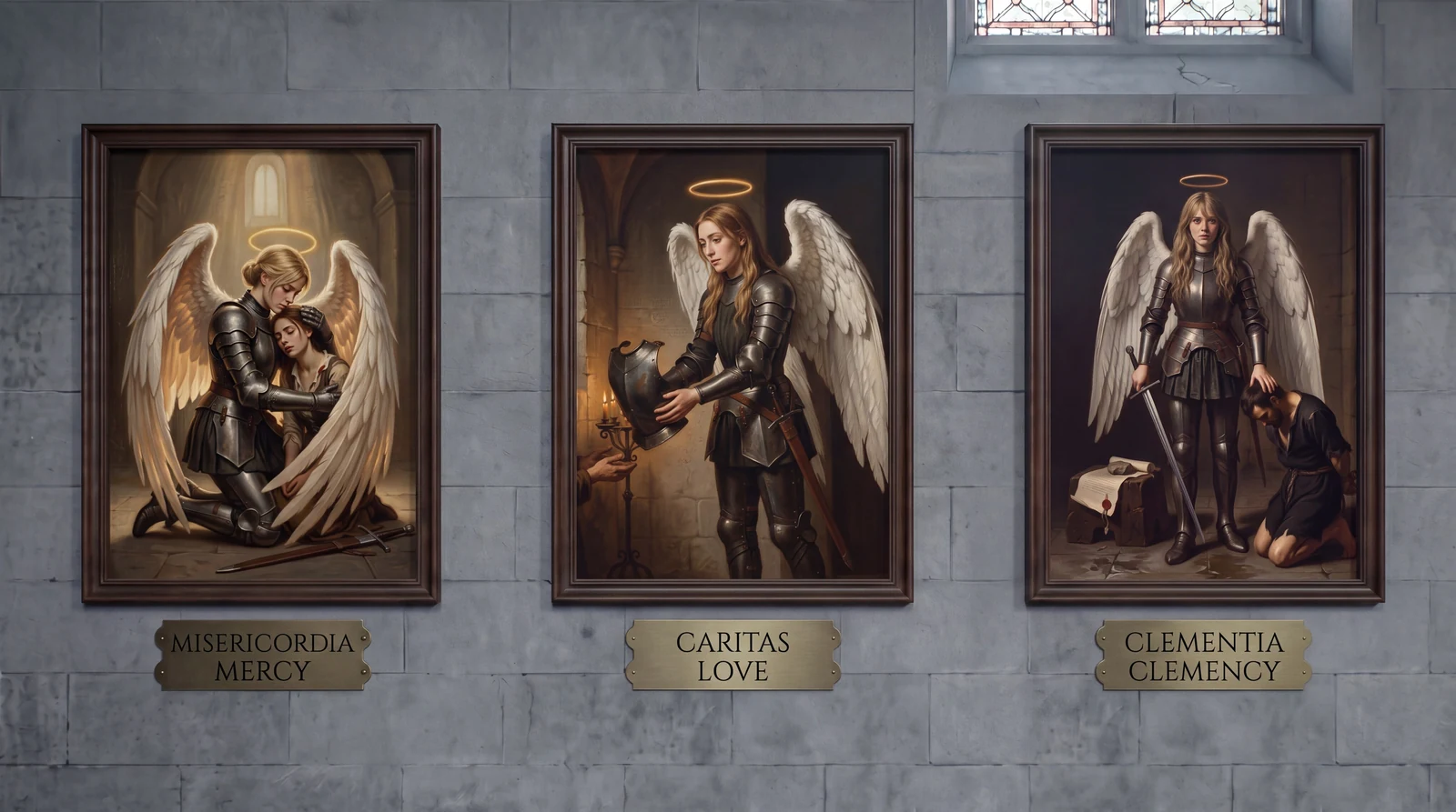 Three paintings on a grey stone wall, brass plaques beneath. Left, MISERICORDIA / MERCY: she kneels on a chapel floor with her wings wrapped forward around a wounded young woman, her cheek against the woman's hair, her own sword lying on the flagstones. Centre, CARITAS / LOVE: in a dark stone interior she holds out her own breastplate to a bare hand reaching in from the left edge of the frame. Right, CLEMENTIA / CLEMENCY: she stands with her sword point-down beside a kneeling man whose hands are behind his back, one hand resting on his head; a sealed scroll lies on a wooden block next to her.