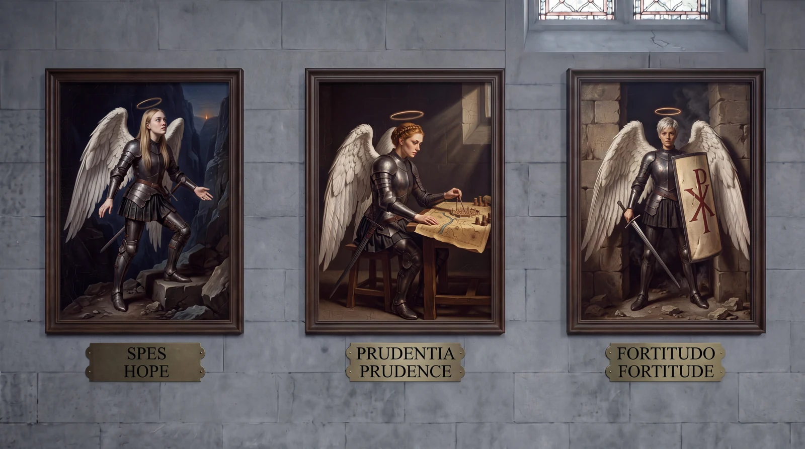 Three paintings on a grey stone wall, brass plaques beneath. Left, SPES / HOPE: she climbs a rocky mountain pass at night, her free hand reaching back behind her, a single point of firelight far up the pass. Centre, PRUDENTIA / PRUDENCE: she sits at a table over a spread map, holding a pair of dividers, small stacks of coins beside it, lit by one shaft of daylight from a high window. Right, FORTITUDO / FORTITUDE: short pale crop, sword in one hand and the tower shield with its red Chi-Rho in the other, standing in a broken stone doorway.