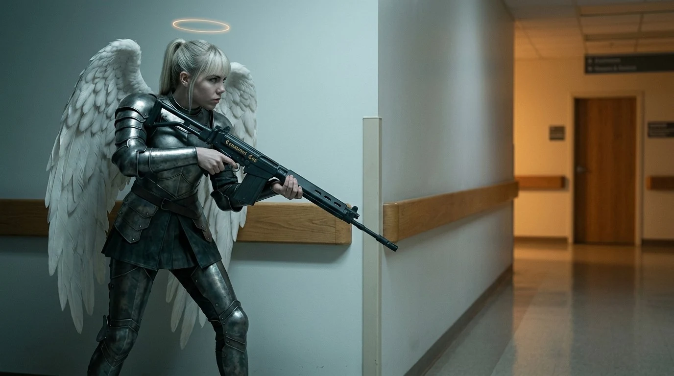 Zelus tight against a wall corner in a hospital corridor at night, the FN FAL shouldered at low ready with the muzzle angled down, her head up and off the stock, watching the corner. CONSUMET EOS is engraved along the receiver in gold blackletter. Her halo is a thin translucent ring of warm gold light that lights nothing.