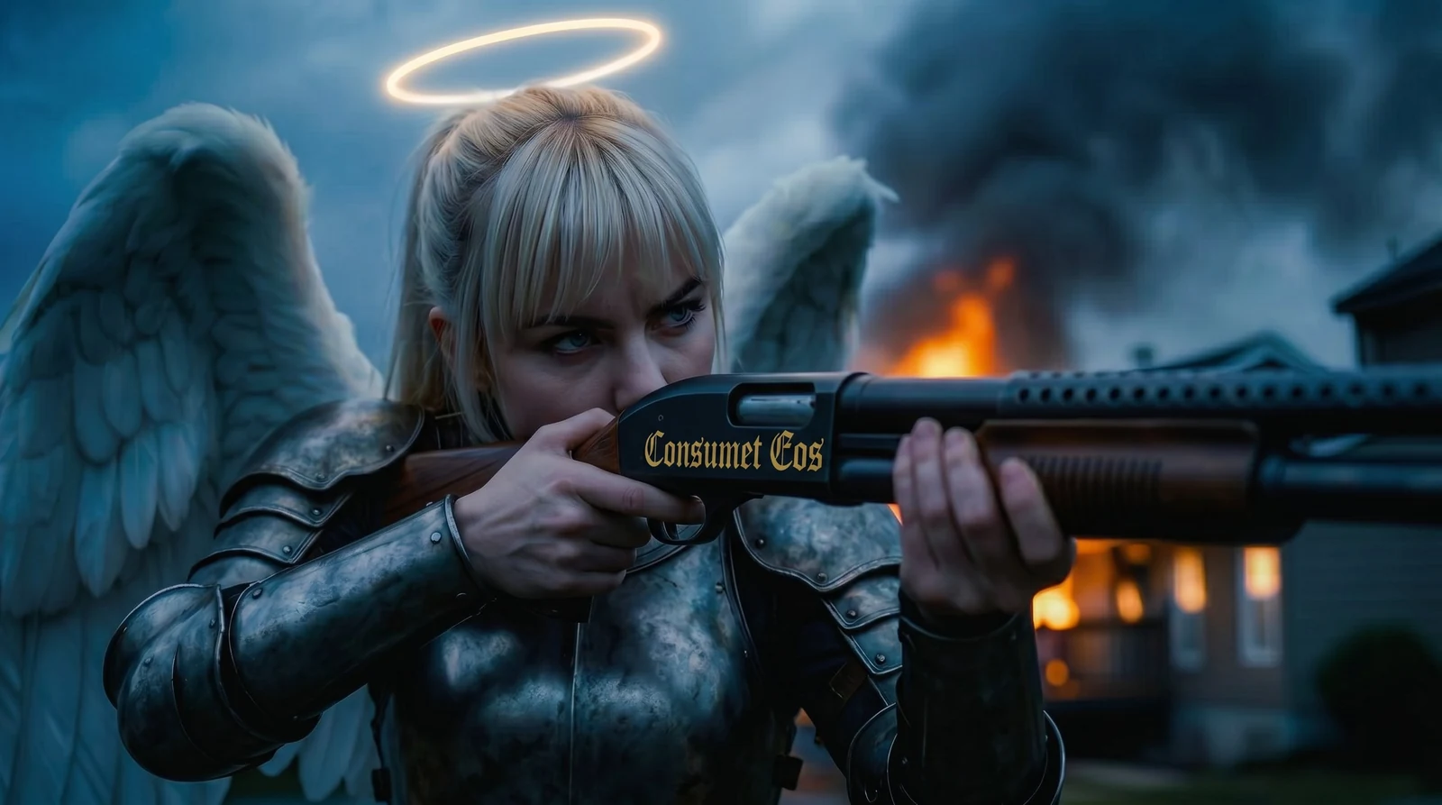 Zelus shouldering the shotgun in a suburban street at dusk, CONSUMET EOS in gold blackletter along the receiver. A house burns behind her. Blonde ponytail with bangs, halo above.